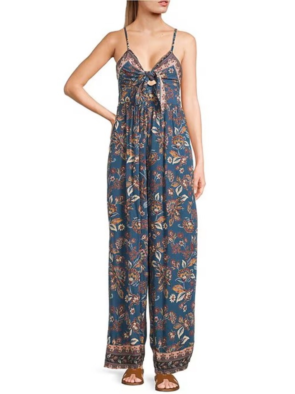 ANGIE Sleeveless Border Print Keyhole Knot Front Wide Leg Jumpsuit